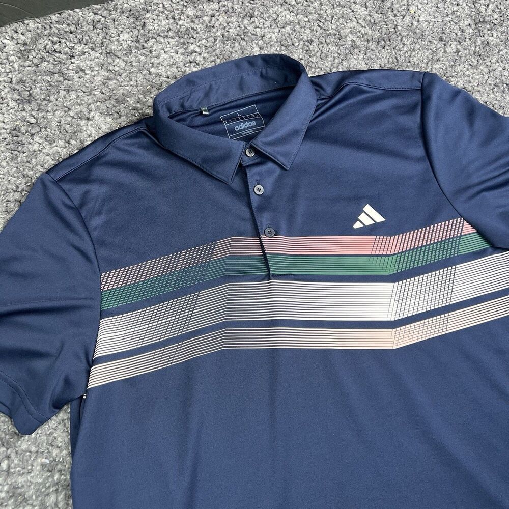 Adidas Polo Shirt Mens Large Navy Striped Golf Performance Recycled Polyester